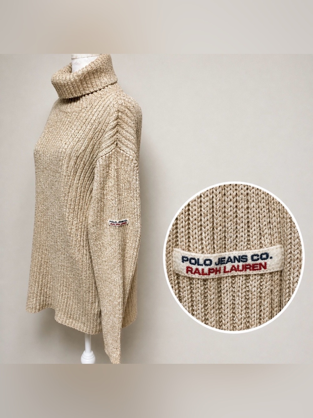 Vintage Ralph Lauren Polo Jeans Co. Ribbed Cotton Turtleneck Sweater - Beige -L